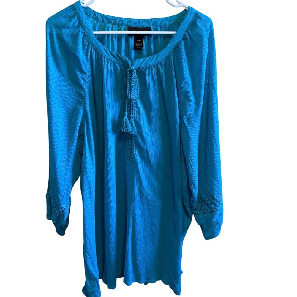 Lane Bryant Lightweight Top Blouse Teal Blue Cotton Tie Neck Boho Sz 26/28